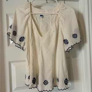 Old Navy Cream Blouse with Navy Embroidery